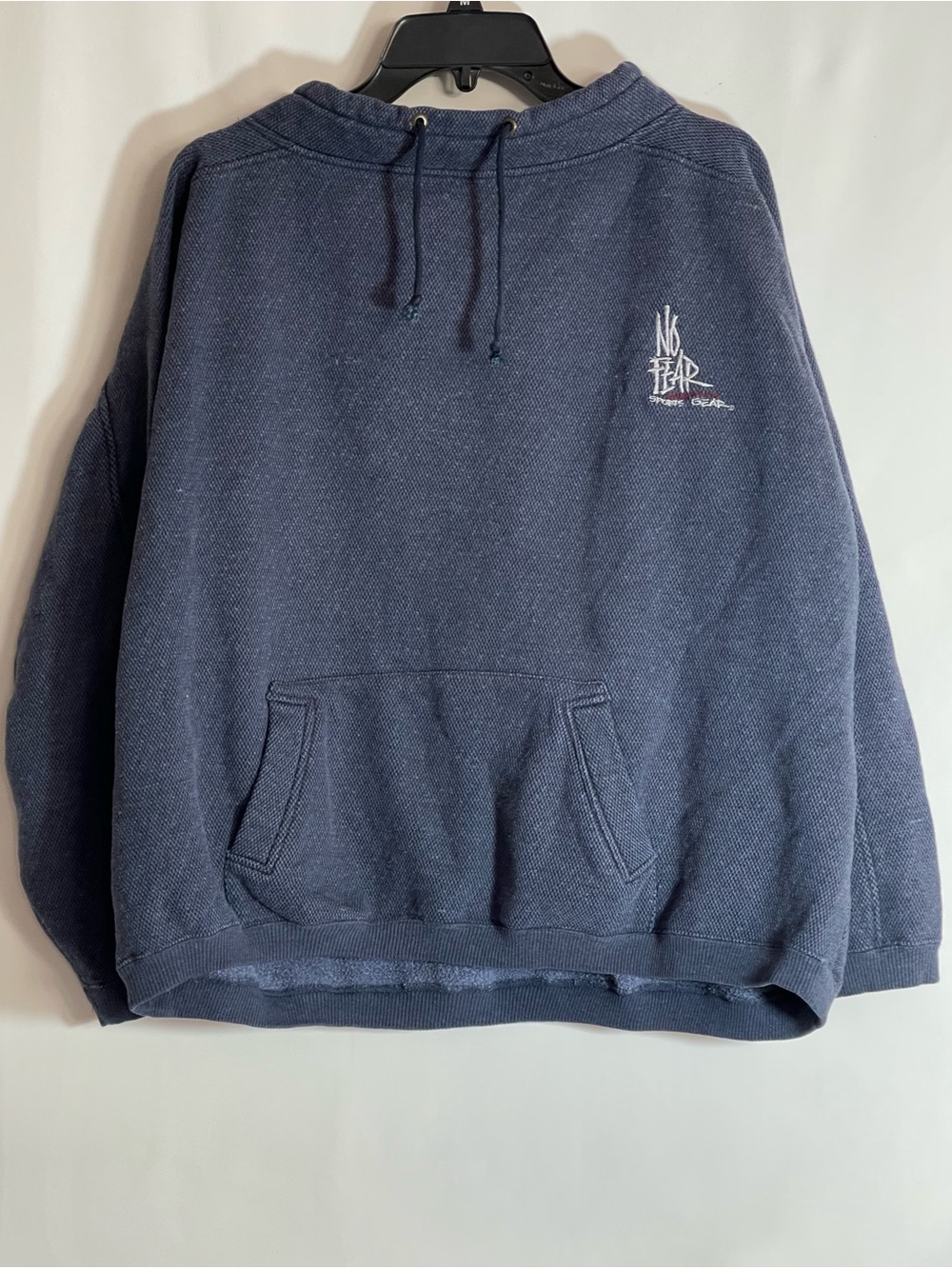Vintage 90s No Fear Waffle Knit Sweater Slate Blue Embroidered Logo Men’s Size X